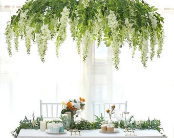 55” Cream Artificial Silk Wisteria Vine Round Hanging Canopy, Draping Garland Flower Chandelier With Interchangeable Branches decorations