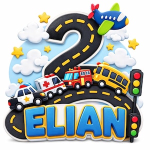 May include: A colorful birthday cake topper featuring a large number 2 with a road design. Includes a blue airplane, clouds, stars, and toy vehicles: a police car, ambulance, fire truck, and school bus. The name "ELIAN" is displayed at the bottom.