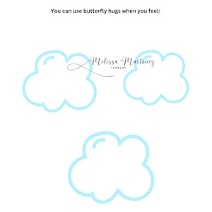 May include: A printable worksheet with the text "Butterfly Hugs" and the phrase "You can use butterfly hugs when you feel:"  Three blue cloud outlines are provided for writing in the feelings.