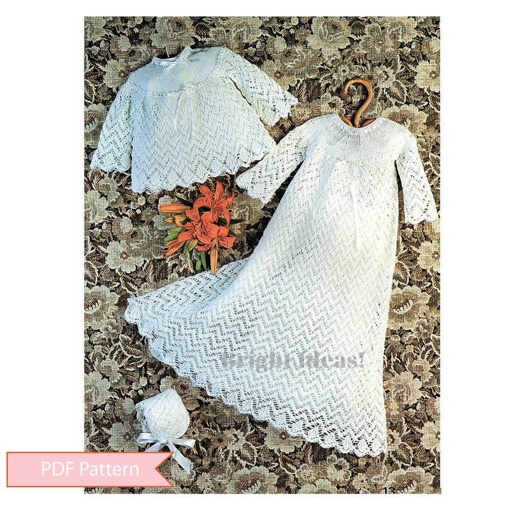 PDF • Vintage Knitting Pattern • Baby Christening Gown • Christening Gown • Top • Bonnet • 18-20