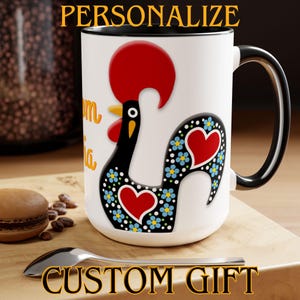 Coq portugais Bom Dia personnalisable à personnaliser Mug à café bicolore 15 oz Coq de Barcelos portugais cadeau portugais Galo de Barcelos