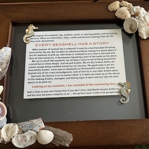 May include: A framed artwork featuring a printed message about seashells, adorned with various seashells and two seahorse embellishments. The frame is dark brown, and the seashells are in shades of white, beige, and gray.