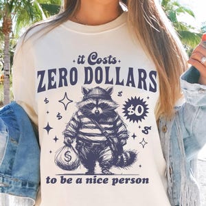 May include: A white t-shirt with a graphic of a raccoon wearing a striped shirt and holding a bag of money. The text on the shirt reads "it Costs ZERO DOLLARS to be a nice person".