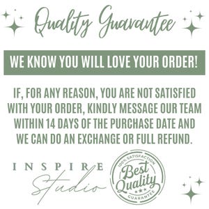 K&ouml;nnte beinhalten: Grafik mit dem Text "Quality Guarantee" und "WE KNOW YOU WILL LOVE YOUR ORDER!". Es enth&auml;lt auch den Text "IF, FOR ANY REASON, YOU ARE NOT SATISFIED WITH YOUR ORDER, KINDLY MESSAGE OUR TEAM WITHIN 14 DAYS OF THE PURCHASE DATE AND WE CAN DO AN EXCHANGE OR FULL REFUND."