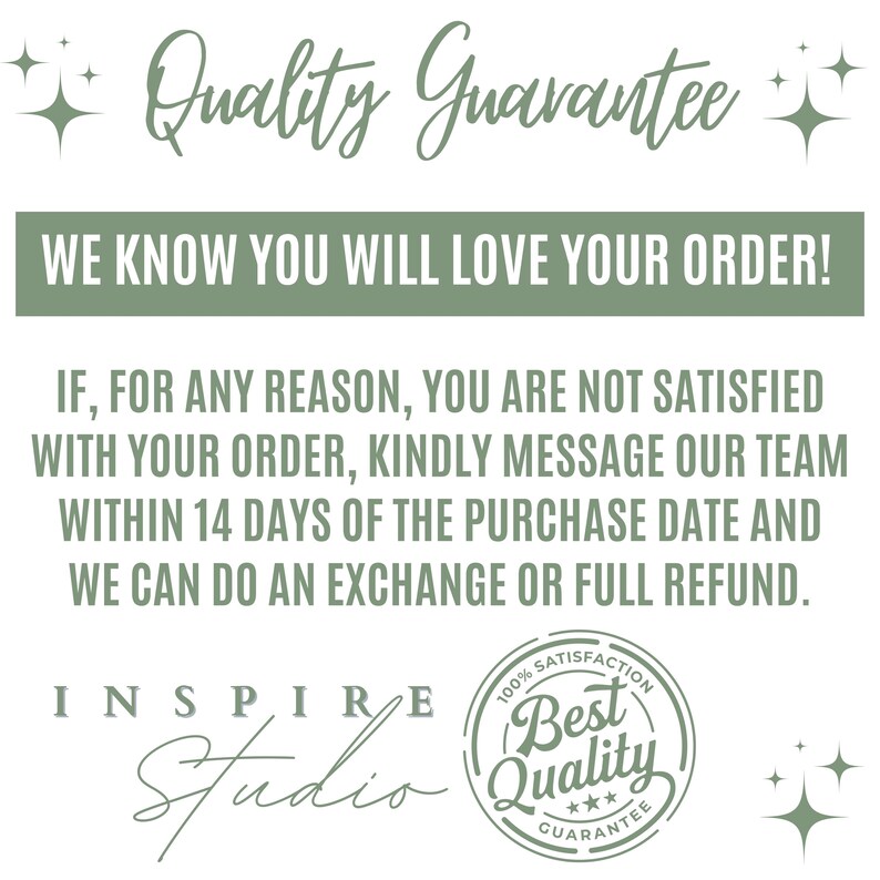 K&ouml;nnte beinhalten: Grafik mit dem Text "Quality Guarantee" und "WE KNOW YOU WILL LOVE YOUR ORDER!". Es enth&auml;lt auch den Text "IF, FOR ANY REASON, YOU ARE NOT SATISFIED WITH YOUR ORDER, KINDLY MESSAGE OUR TEAM WITHIN 14 DAYS OF THE PURCHASE DATE AND WE CAN DO AN EXCHANGE OR FULL REFUND."