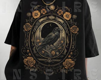 Gothic Raven Shirt, Vintage Crow Moon Floral Tee, Dark Academia Unisex Top, VT164