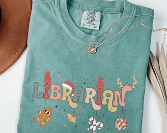 Comfort Colors® Retro Librarian Christmas Shirt with Festive Clipart, Holiday Gift for Book Lovers Classic Christmas Librarian Tee DT231