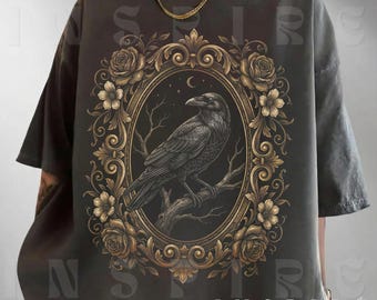 Gothic Raven Shirt, Vintage Crow Floral Frame Dark Academia Unisex Tee, VT165