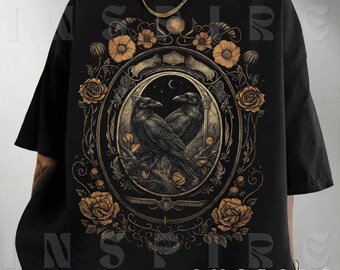 Gothic Crow Shirt, Vintage Raven Floral Moon Tee, Dark Academia Unisex Top, VT163