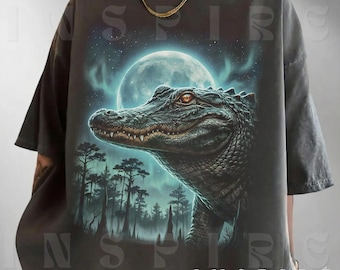 Moonlit Alligator T-Shirt, Gothic Swamp Gator Graphic Tee, Vintage Dark Meme Shirt, VT185