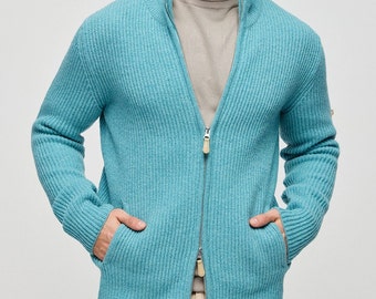 Green Melange Pure Wool Fabio High Collar Ribbed Men's Cardigan