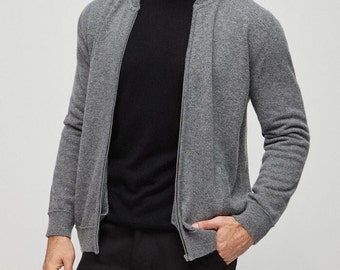 Medium Gray Melange Pure Cashmere Men's Bomber Cardigan