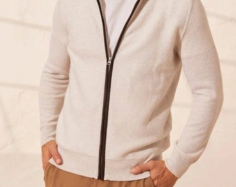 Ecru Pure Cashmere Herringbone Patterned Long Sleeve Men's Zippered Cardigan