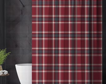 Crimson Red, Ivory Cream, Charcoal & Steel Plaid Shower Curtain, Classic Preppy Bathroom Decor, Modern Heritage Bath, Primary Guest Dorm