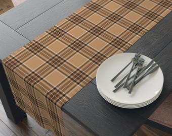Camel, Brown, Black & Cream Plaid Table Runner, Heritage Dining Decor, Preppy Neutral Kitchen Decor, Coffee Table Accent, Dorm Dresser Cover