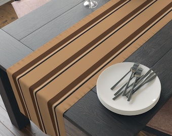 Camel, Brown, Black & Cream Striped Table Runner, Heritage Dining Decor, Preppy Neutral Kitchen Decor, Coffee Table Accent or Dresser Cover