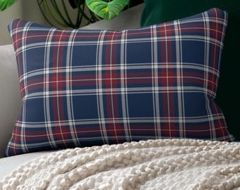Royal Blue, Crimson Red & Ivory Plaid Lumbar Pillow, Preppy Accent Pillow, Lake House Coastal Decor, Sofa, Bed, Chair or Dorm