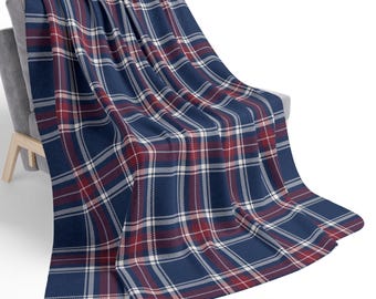 Royal Blue, Crimson Red & Ivory Plaid Sherpa Blanket, Coastal Lake House Decor, Preppy Throw for Sofa Couch Bed Dorm, Gift