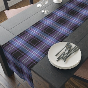 Purple, Lavender, Blue & Black Plaid Table Runner, Modern Preppy Dining Decor, Coffee Table Accent or Dorm Dresser Cover