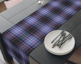 Purple, Lavender, Blue & Black Plaid Table Runner, Modern Preppy Dining Decor, Coffee Table Accent or Dorm Dresser Cover