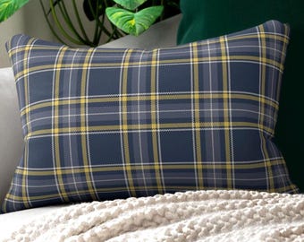 Navy Blue, Butter Yellow, Slate Gray & Ivory Plaid Lumbar Pillow, Preppy Accent Pillow, Lake House Coastal Decor, Sofa, Bed, Chair or Dorm