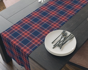 Navy Blue, Red & Ivory White Plaid Table Runner, Americana Patriotic Decor, Preppy Coffee Table Accent or Dorm Dresser Cover