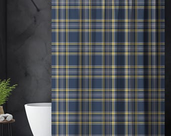Navy Blue, Butter Yellow, Slate Gray & Ivory Plaid Shower Curtain, Classic Preppy Bathroom Decor, Coastal Nautical Bath, Primary Guest Dorm