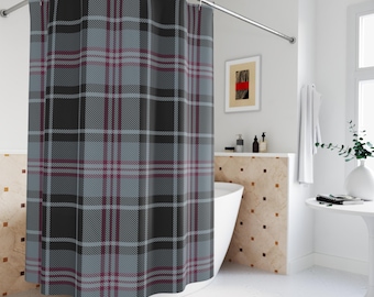 Shower curtain burgundy gray black plaid moody modern classic elegant preppy bold upscale cool tone bathroom primary guest bath decor