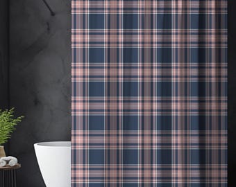 Navy, Blush Pink & Ivory Plaid Shower Curtain, Classic Preppy Bathroom Decor, Modern Heritage Bath, Primary Guest Dorm
