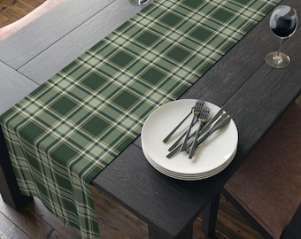 Green Plaid Table Runner, Ivory & Gold Dining Decor, Preppy Kitchen Decor, Coffee Table Accent, Dorm Dresser Cover