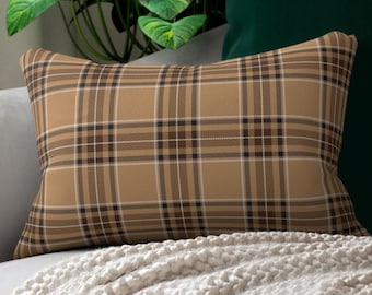 Camel, Brown, Black & Cream Plaid Lumbar Pillow, Heritage Accent Pillow, Preppy Neutral Home Decor, Sofa, Bed, Chair or Dorm Cushion, Gift