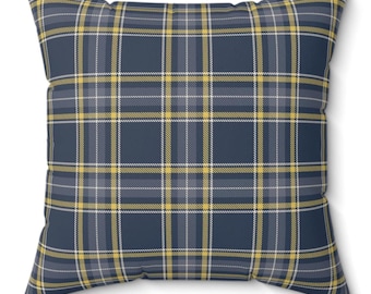 Navy Blue, Butter Yellow, Slate Gray & Ivory Plaid Throw Pillow, Preppy Accent Pillow, Lake House Coastal Decor for Sofa, Bed, Chair or Dorm