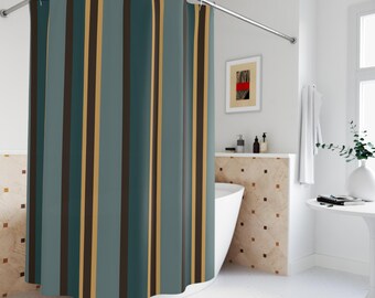 Shower curtain sage teal mustard earth tone stripe modern preppy coastal calm rustic warmth bathroom primary guest elegant bath decor