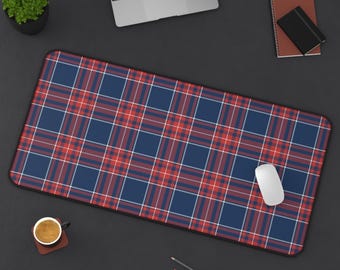 Navy Blue, Red & Ivory White Plaid Desk Mat, Preppy Americana Workspace Study Decor, Home Office Computer Desktop Pad, Dorm Dresser, Gift