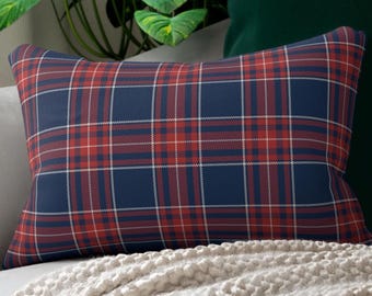 Navy Blue, Red & Ivory White Plaid Lumbar Pillow, Americana Preppy Accent Pillow, Lake House Coastal Decor for Sofa, Bed, Chair or Dorm