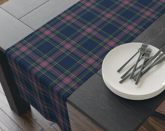 May include: A rectangular table runner featuring a navy blue, dark green, and muted red plaid pattern with thin yellow accent lines. A stack of white ceramic plates is positioned on the right side, topped with several stainless steel forks.