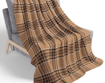 Camel, Brown, Black & Cream Plaid Sherpa Blanket, Heritage Home Decor, Preppy Neutral Throw for Sofa Couch Bed Dorm, Gift