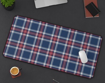 Royal Blue, Crimson Red & Ivory Plaid Desk Mat, Preppy Workspace Study Decor, Home Office Computer Desktop Pad, Dorm, Gift