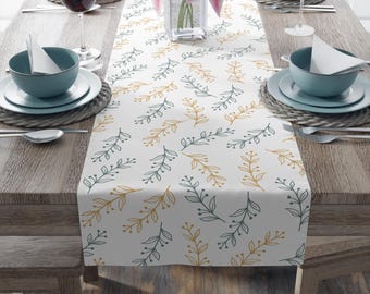 Table runner sage teal mustard botanical vine pattern modern preppy coastal elegant home decor dining coffee table bedroom dorm dresser gift
