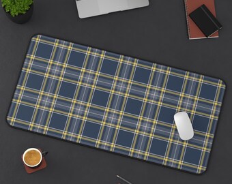 Navy Blue, Butter Yellow, Slate Gray & Ivory Plaid Desk Mat, Preppy Workspace Study Decor, Home Office Computer Desktop Pad, Dorm, Gift