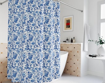 Shower Curtain | Blue & White | French toile du jouy floral Bathroom Decor | Guest, Dorm, Primary Bath