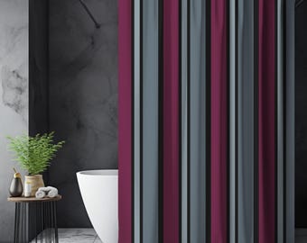 Wine Red, Gray & Black Stripe Shower Curtain, Modern Preppy Bathroom Decor, Bold Bath Accent, Primary Guest Dorm