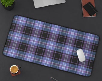 Purple, Lavender, Blue & Black Plaid Desk Mat, Modern Preppy Workspace Study Decor, Home Office Computer Desktop Pad, Dorm, Gift