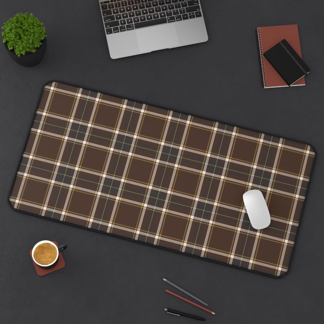 Brown, Cream, Charcoal & Gold Plaid Desk Mat, Classic Preppy Workspace ...