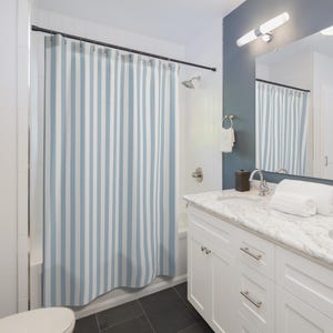 Light Blue & White Stripe Shower Curtain, Coastal Preppy Bathroom Decor, Classic Bath Accent, Guest Dorm Primary Bath image 5