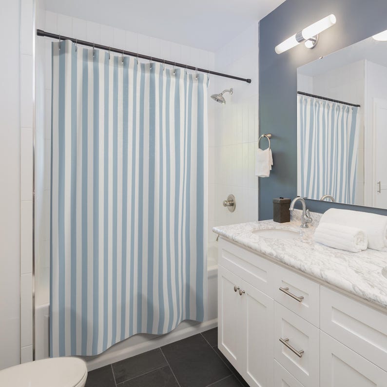 Light Blue & White Stripe Shower Curtain, Coastal Preppy Bathroom Decor, Classic Bath Accent, Guest Dorm Primary Bath image 5