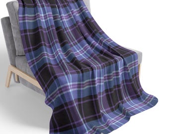 Purple, Lavender, Blue & Black Plaid Sherpa Blanket, Modern Preppy Throw for Sofa Couch Bed Dorm, Gift