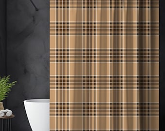 Camel, Brown, Black & Cream Plaid Shower Curtain, Heritage Bathroom Decor, Preppy Neutral Bath, Classic Primary Guest Dorm Bathroom