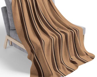 Camel, Brown, Black & Cream Striped Sherpa Blanket, Heritage Home Decor, Preppy Neutral Throw for Sofa Couch Bed Dorm, Gift