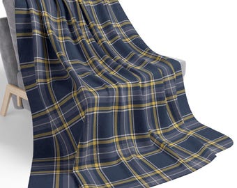 Navy Blue, Butter Yellow, Slate Gray & Ivory Plaid Sherpa Blanket, Coastal Lake House Decor, Preppy Throw for Sofa Couch Bed Dorm, Gift